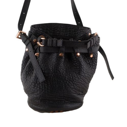 Black Pebbled Leather Matte Studded Diego Bucket Ba