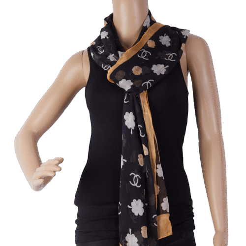 Black Logo Pattern Silk Shawl Scarf