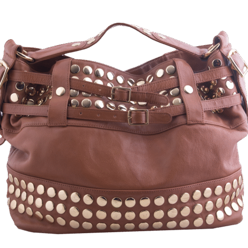 Camel Hobo Studded Drawstring Shoulder Bag