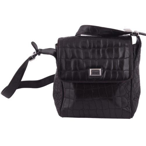 Black Leather Croc Embossed Crossbody Bag