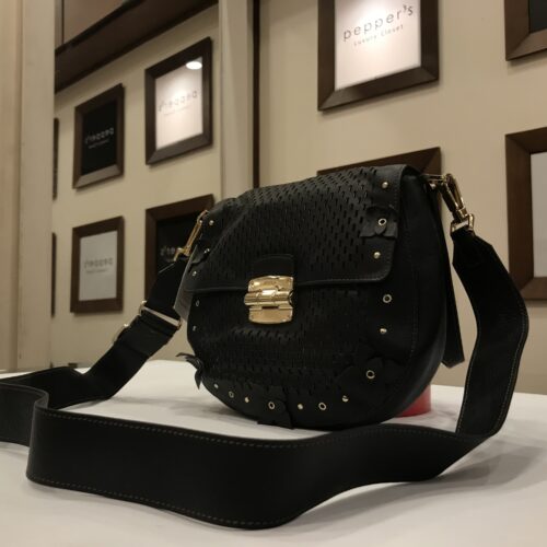 Black Perforated Messenger Crossbody Bag