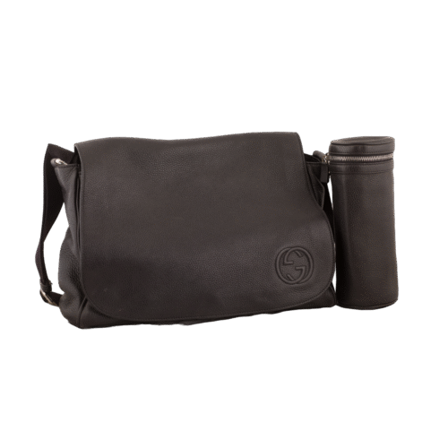Black Leather Diaper GG Logo Cross body Bag